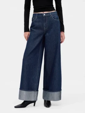 Jeans baggy à taille mi-haute et revers métallisés