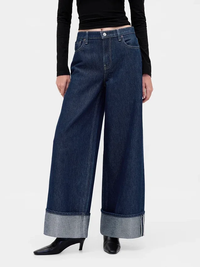 Jeans baggy à taille mi-haute et revers métallisés