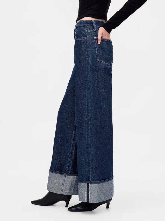 Jeans baggy à taille mi-haute et revers métallisés