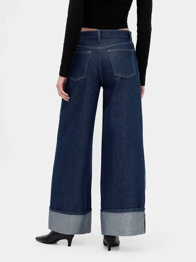 Jeans baggy à taille mi-haute et revers métallisés