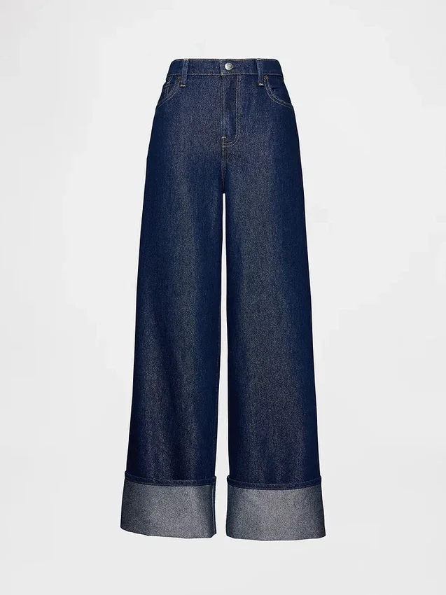 Jeans baggy à taille mi-haute et revers métallisés