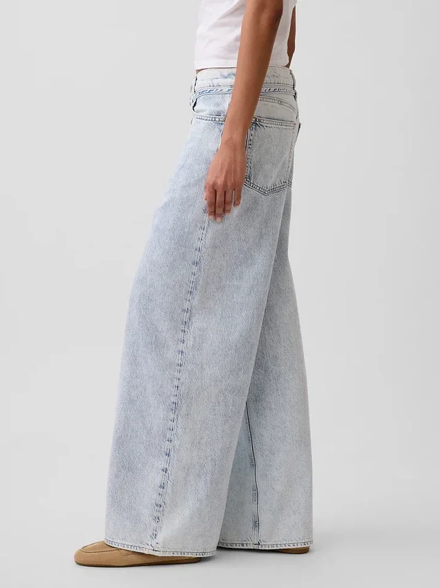 Jeans baggy à taille mi-haute, ultra-doux, avec micro-ceinture