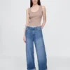 Jeans baggy à taille mi-haute, ultra-doux et à revers