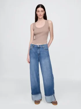 Jeans baggy à taille mi-haute, ultra-doux et à revers