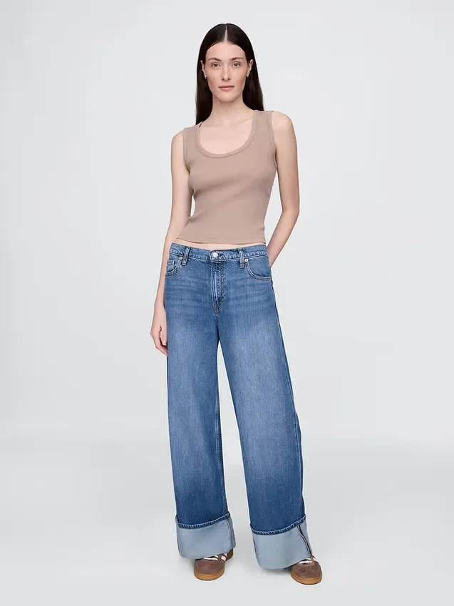 Jeans baggy à taille mi-haute, ultra-doux et à revers