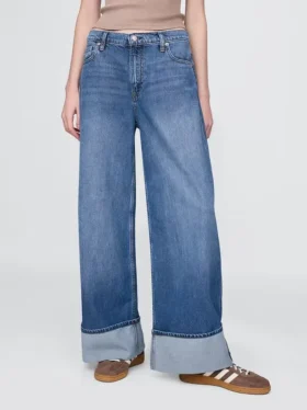 Jeans baggy à taille mi-haute, ultra-doux et à revers