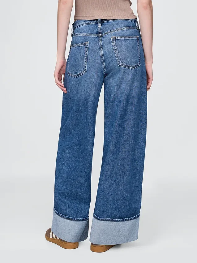 Jeans baggy à taille mi-haute, ultra-doux et à revers