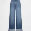 Jeans baggy à taille mi-haute, ultra-doux et à revers