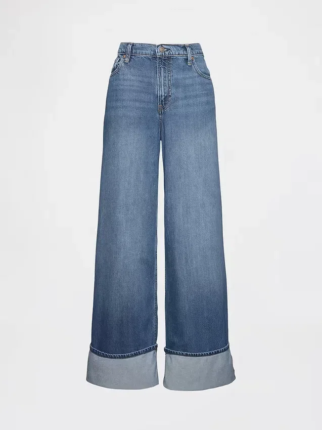 Jeans baggy à taille mi-haute, ultra-doux et à revers