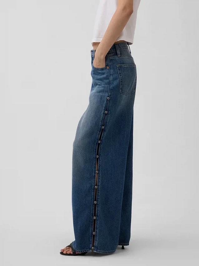 Jeans baggy ultra-doux à taille mi-haute et clous