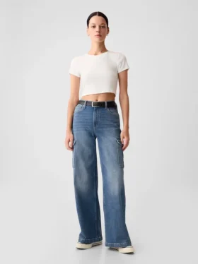 Jeans cargo taille haute à jambes larges