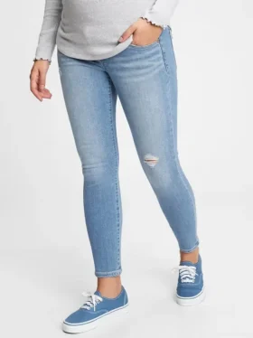 Jeans de maternité à taille haute, panneau intégral et effet usé, longueur cheville
