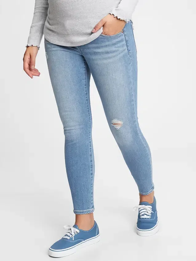 Jeans de maternité à taille haute, panneau intégral et effet usé, longueur cheville