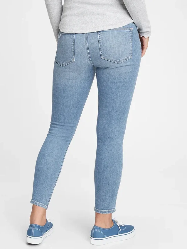 Jeans de maternité à taille haute, panneau intégral et effet usé, longueur cheville