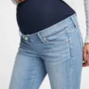 Jeans de maternité à taille haute, panneau intégral et effet usé, longueur cheville