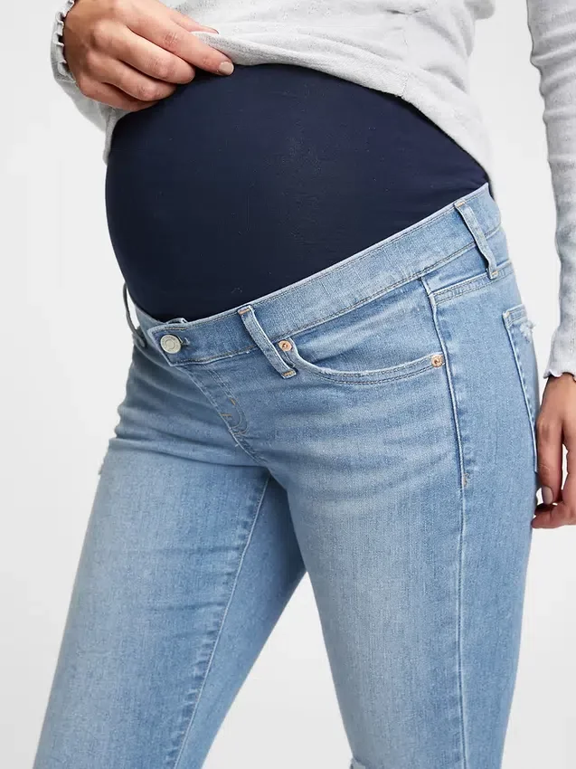 Jeans de maternité à taille haute, panneau intégral et effet usé, longueur cheville