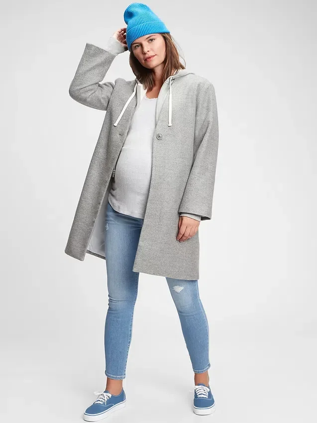 Jeans de maternité à taille haute, panneau intégral et effet usé, longueur cheville