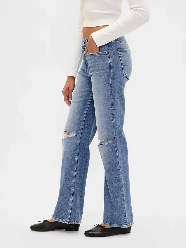 Jeans droit décontracté à taille mi-haute