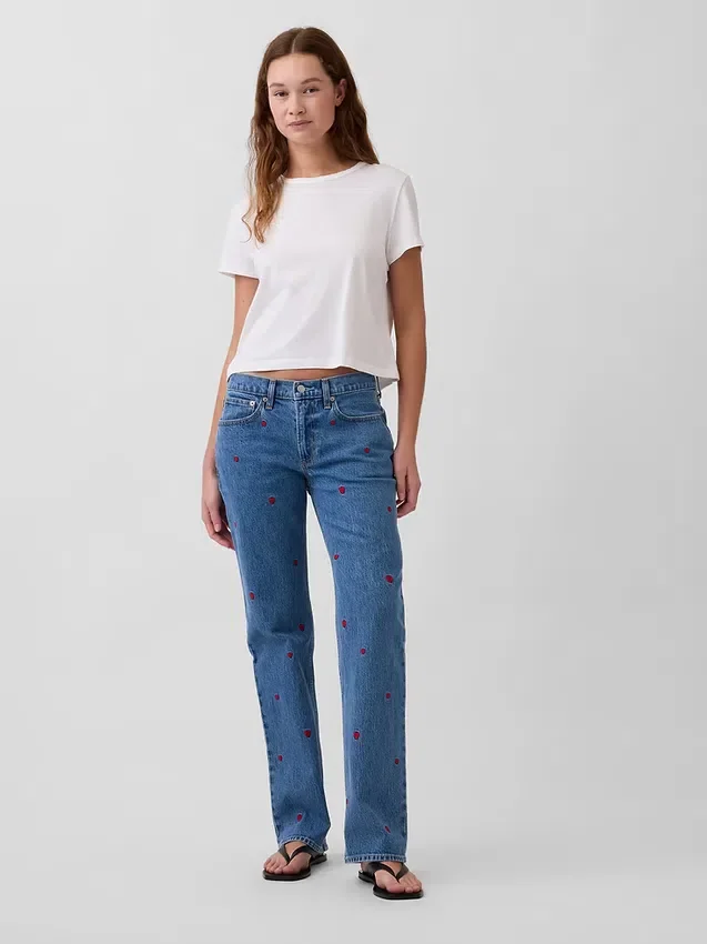 Jeans droit décontracté à taille mi-haute et broderies