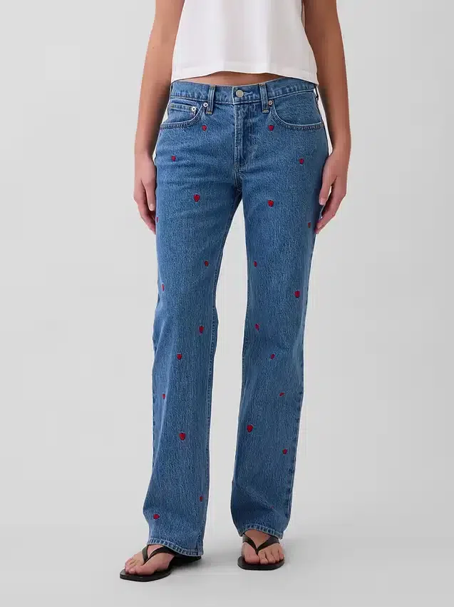 Jeans droit décontracté à taille mi-haute et broderies