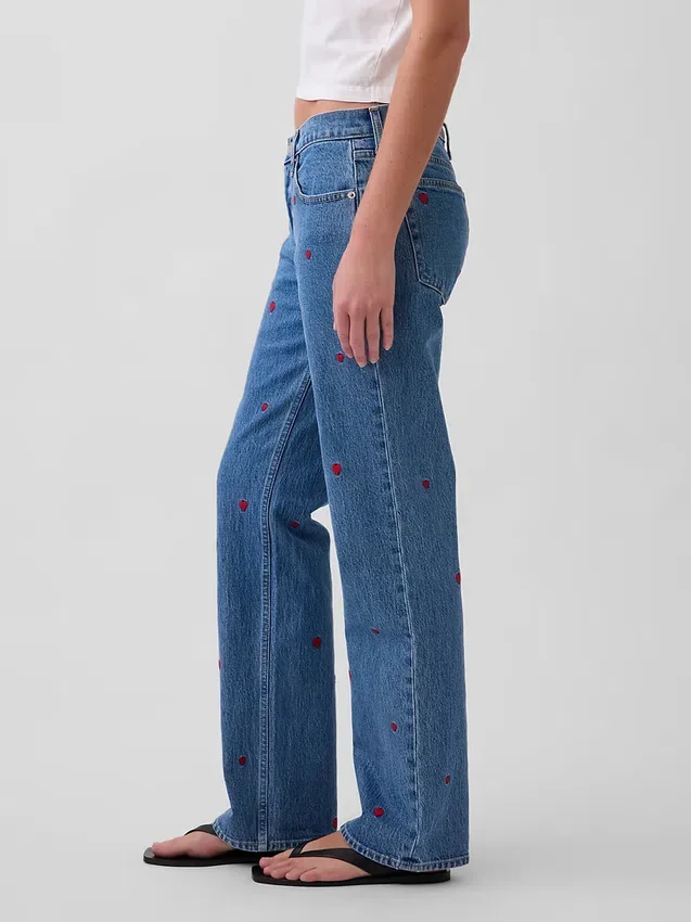 Jeans droit décontracté à taille mi-haute et broderies