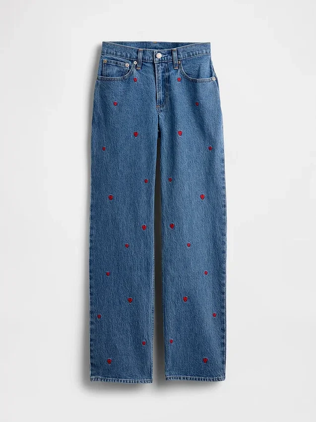 Jeans droit décontracté à taille mi-haute et broderies