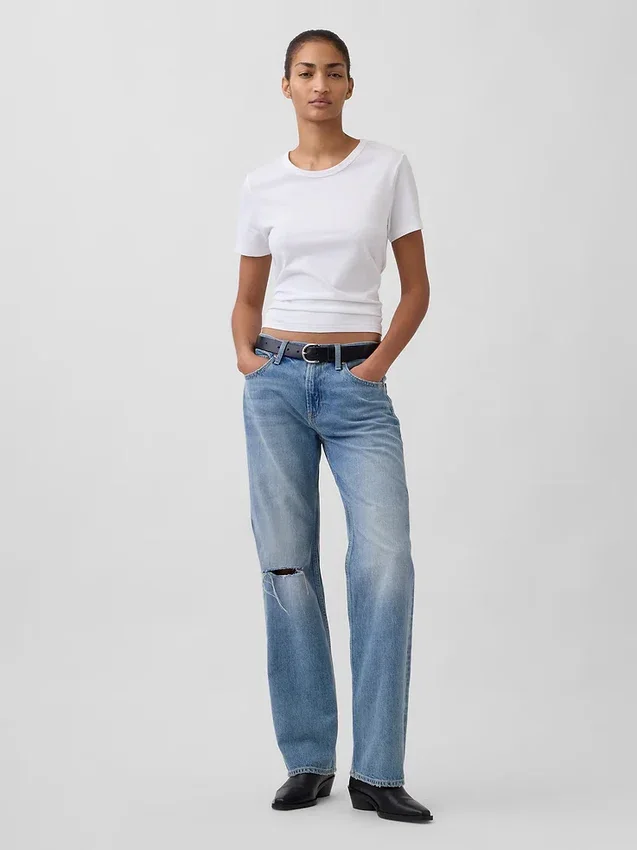 Jeans droit décontracté, taille mi-haute et coupe rigide