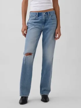 Jeans droit décontracté, taille mi-haute et coupe rigide