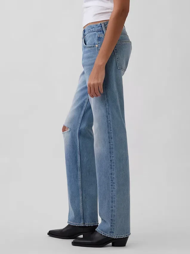 Jeans droit décontracté, taille mi-haute et coupe rigide
