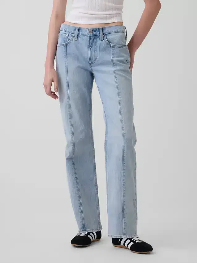 Jeans droit décontracté à taille mi-haute et coutures apparentes