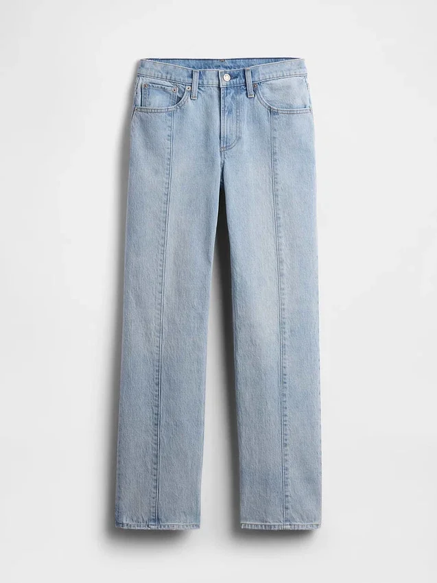 Jeans droit décontracté à taille mi-haute et coutures apparentes