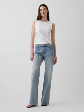 Jeans droit décontracté à taille mi-haute et micro-ceinture