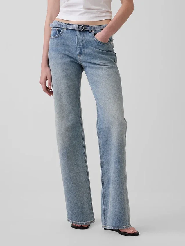 Jeans droit décontracté à taille mi-haute et micro-ceinture