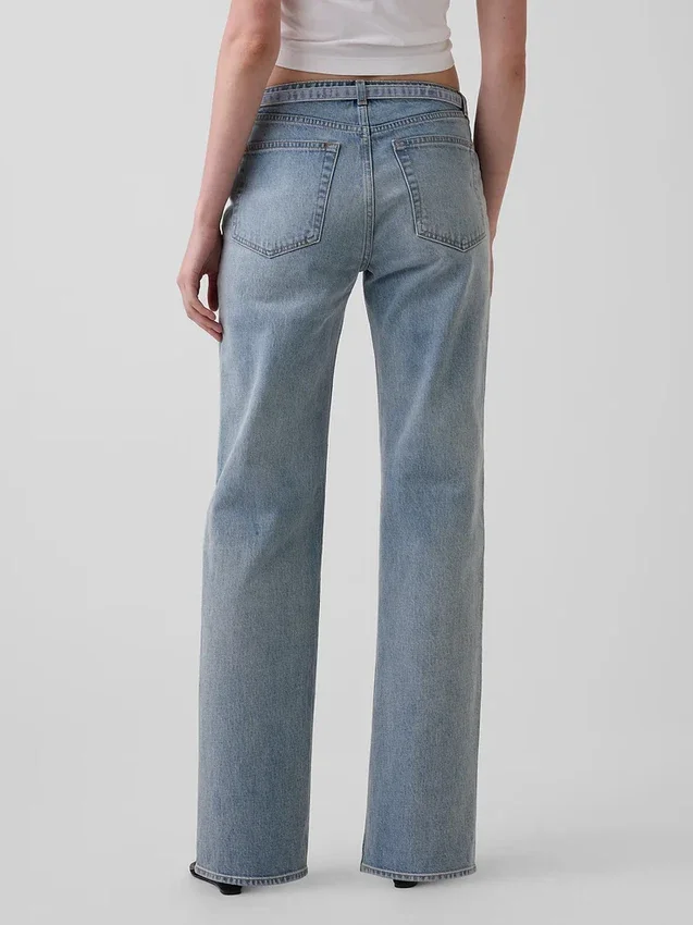 Jeans droit décontracté à taille mi-haute et micro-ceinture