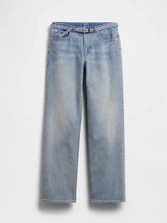 Jeans droit décontracté à taille mi-haute et micro-ceinture