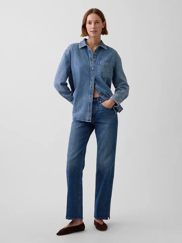 Jeans droit décontracté à taille mi-haute et ourlet fendu