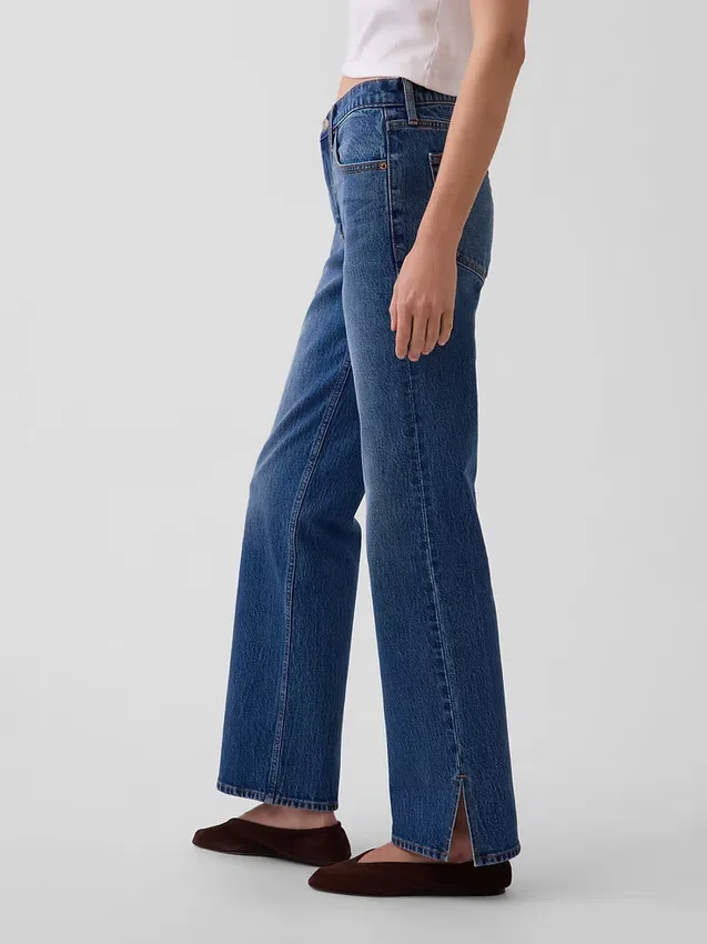 Jeans droit décontracté à taille mi-haute et ourlet fendu