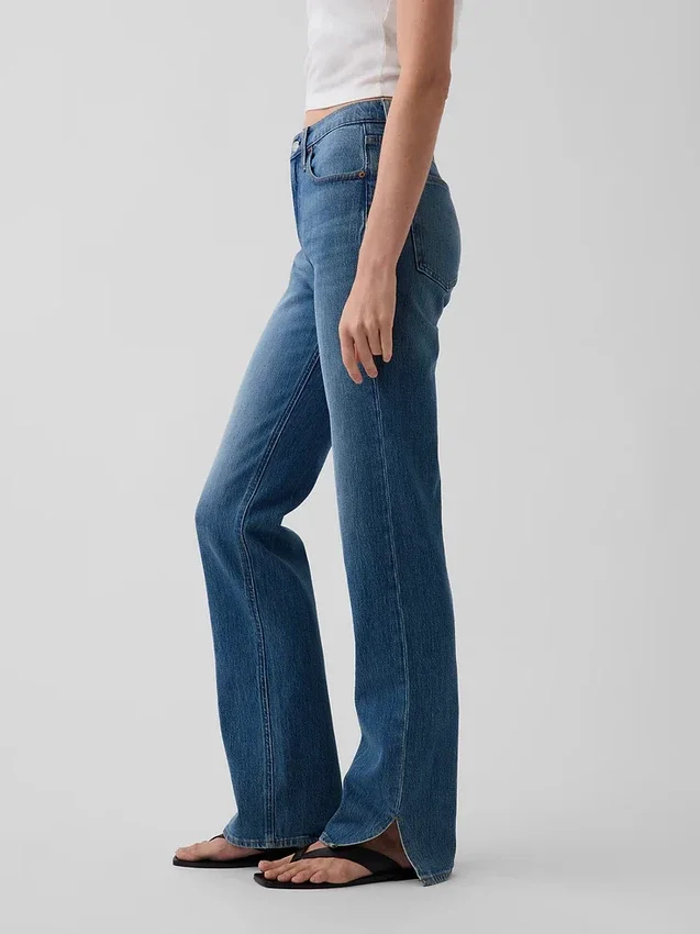 Jeans droit décontracté à taille mi-haute et ourlet fendu