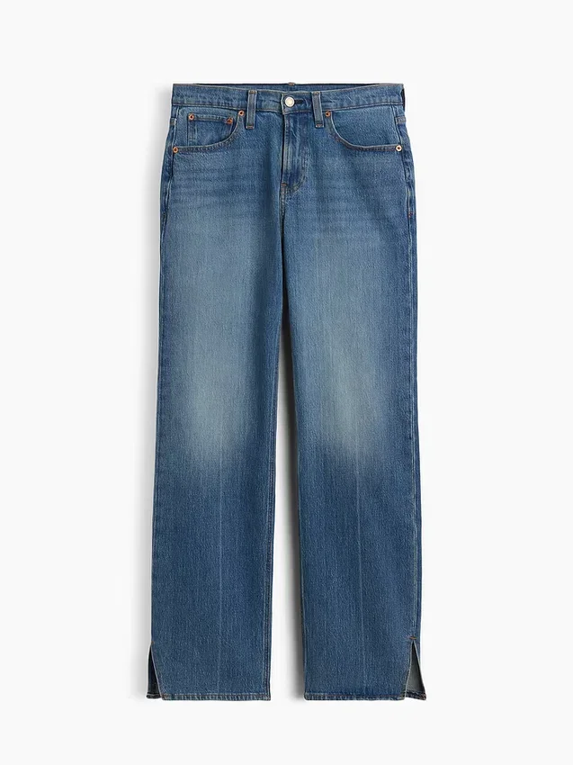 Jeans droit décontracté à taille mi-haute et ourlet fendu