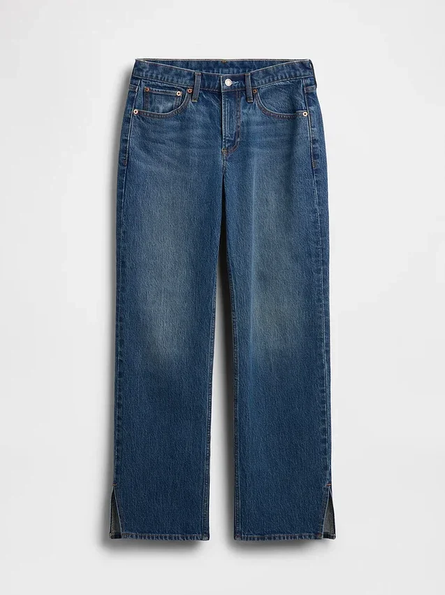 Jeans droit décontracté à taille mi-haute et ourlet fendu