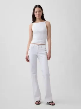 Jeans marin taille basse, long et ajusté