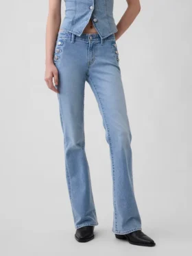 Jeans marin taille basse, long et ajusté