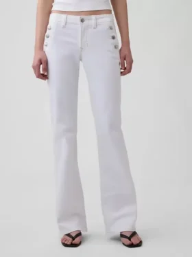 Jeans marin taille basse, long et ajusté