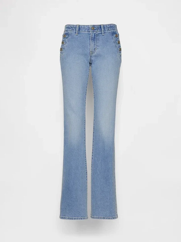 Jeans marin taille basse, long et ajusté
