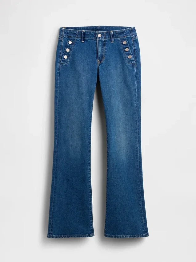 Jeans marin taille basse, long et ajusté