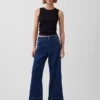 Jeans marin taille haute, coupe large et longueur cheville