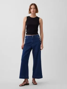 Jeans marin taille haute, coupe large et longueur cheville