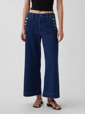 Jeans marin taille haute, coupe large et longueur cheville