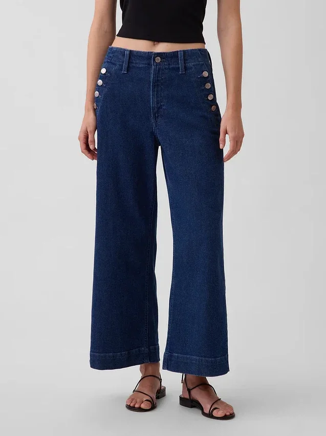 Jeans marin taille haute, coupe large et longueur cheville