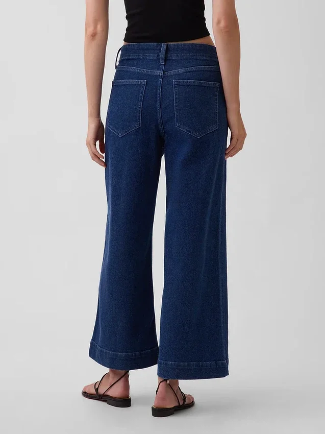 Jeans marin taille haute, coupe large et longueur cheville